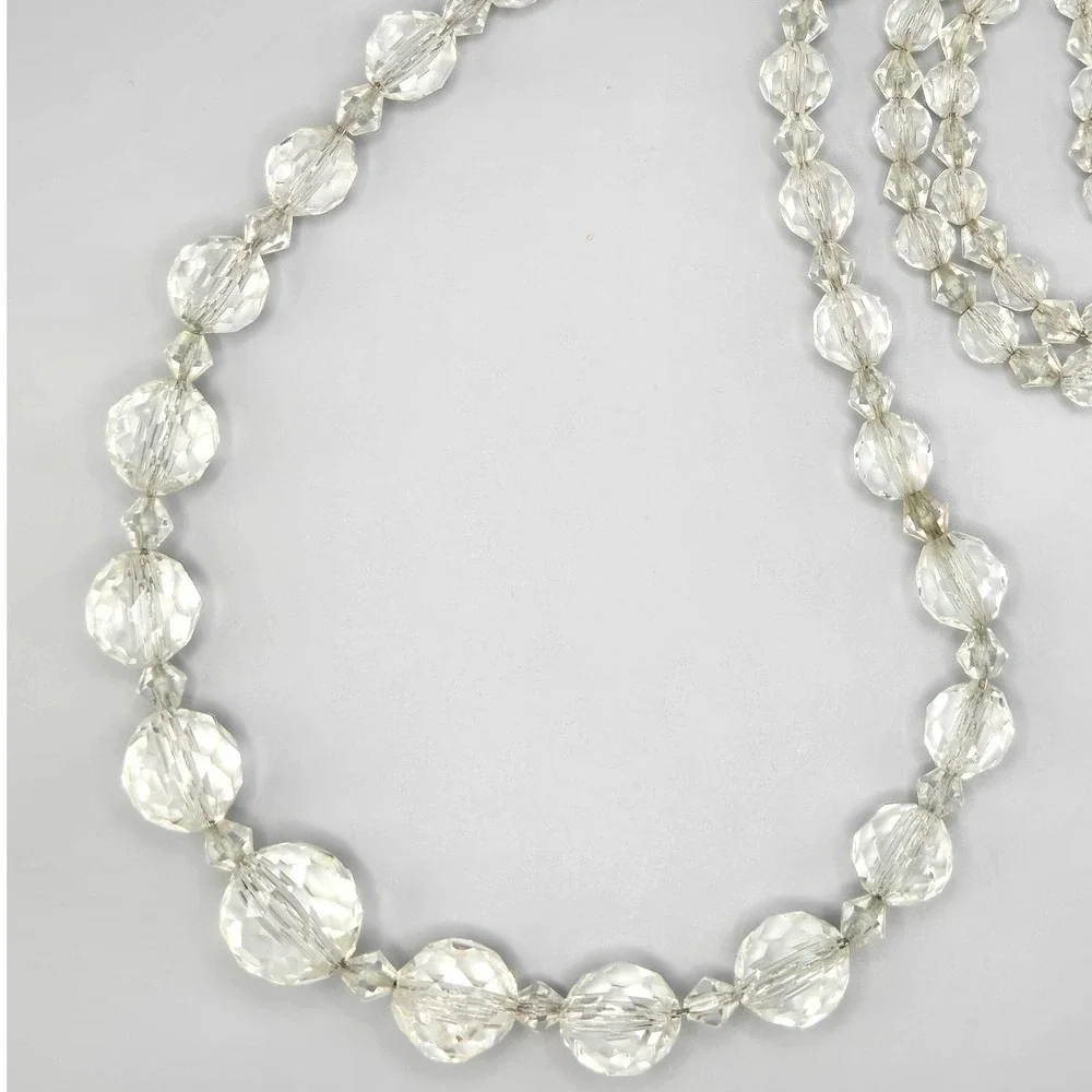 Vintage Clear Faceted Crystal Glass Bead Graduated Necklace 30 In Filigree Clasp
